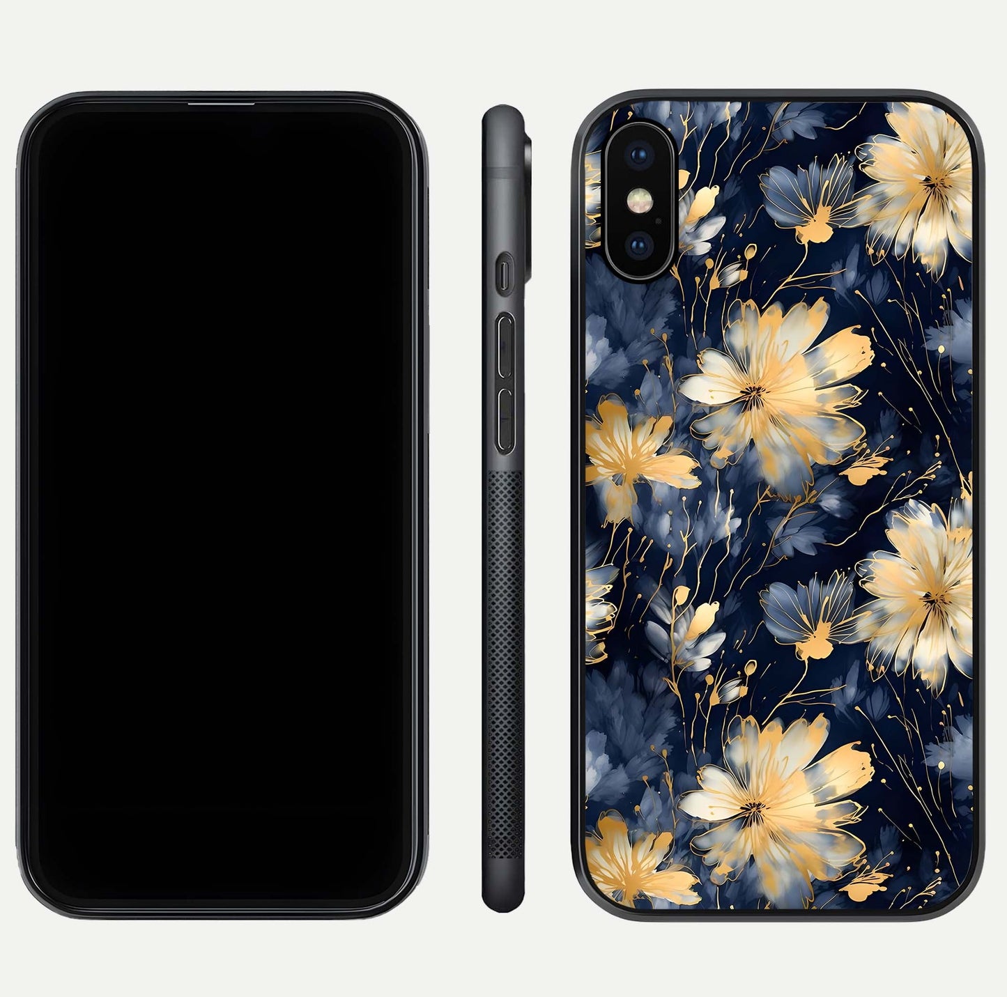 Royal Petal Dream Glass Case for iPhone Xs front & back layout showing floral pattern and clean edge finish