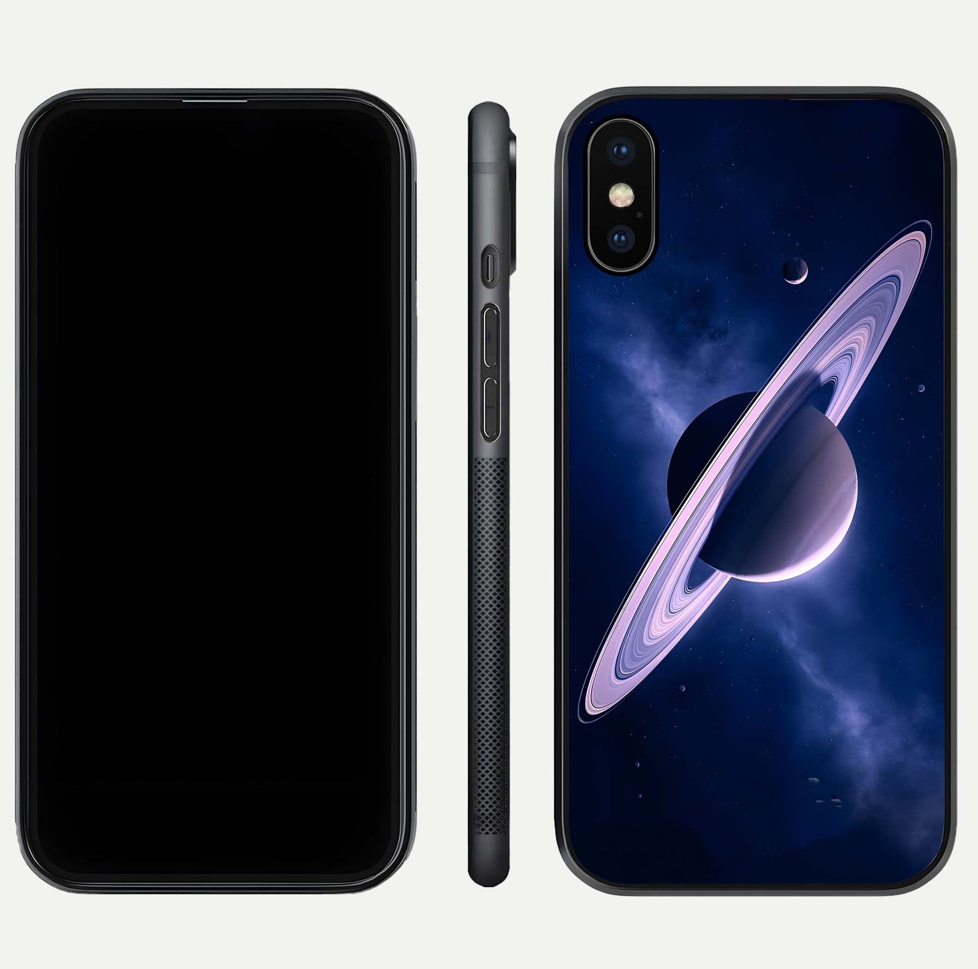 Saturn Ring Mystique Glass Case for iPhone Xs front & back layout showing cosmic tones and edge glow