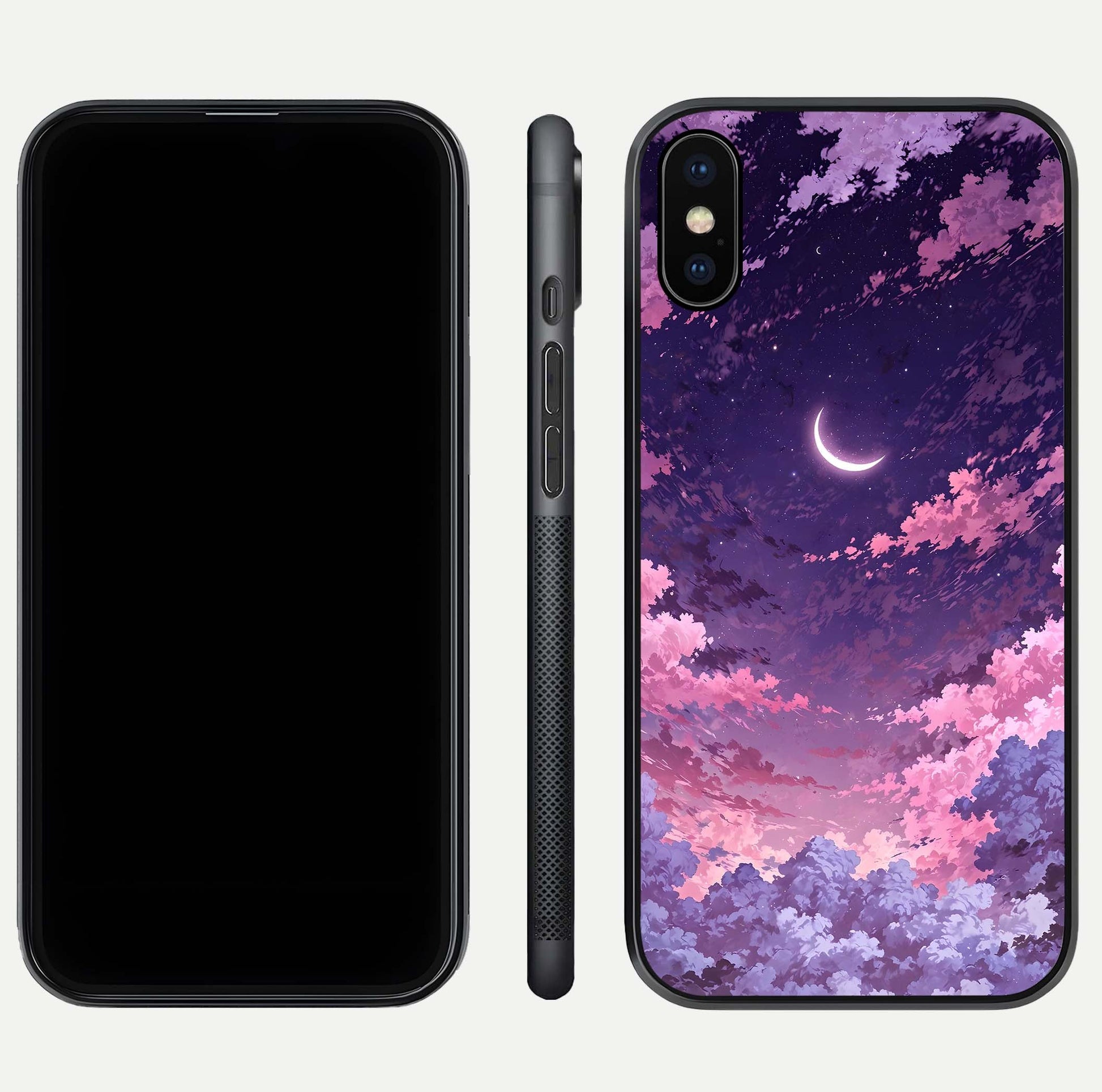 Sky Drift Clouds Glass Case for iPhone Xs front & back layout showing sky tones and smooth edge design