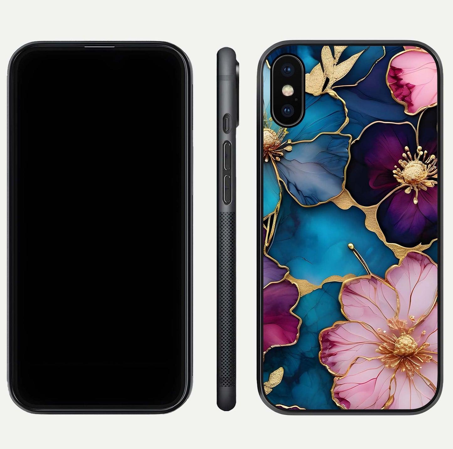 Sparkle Floral Glass Case for iPhone Xs front & back layout showing floral print and edge clarity