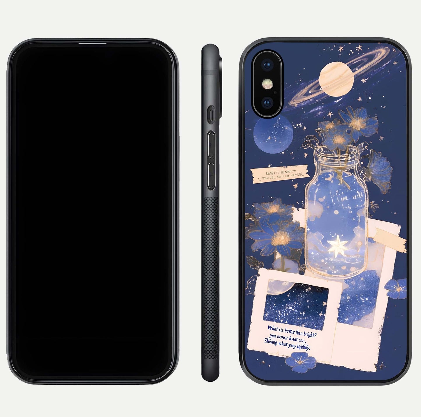 Starlit Cosmic Jar Glass Case for iPhone Xs front & back layout showing cosmic pattern and curved glass edge