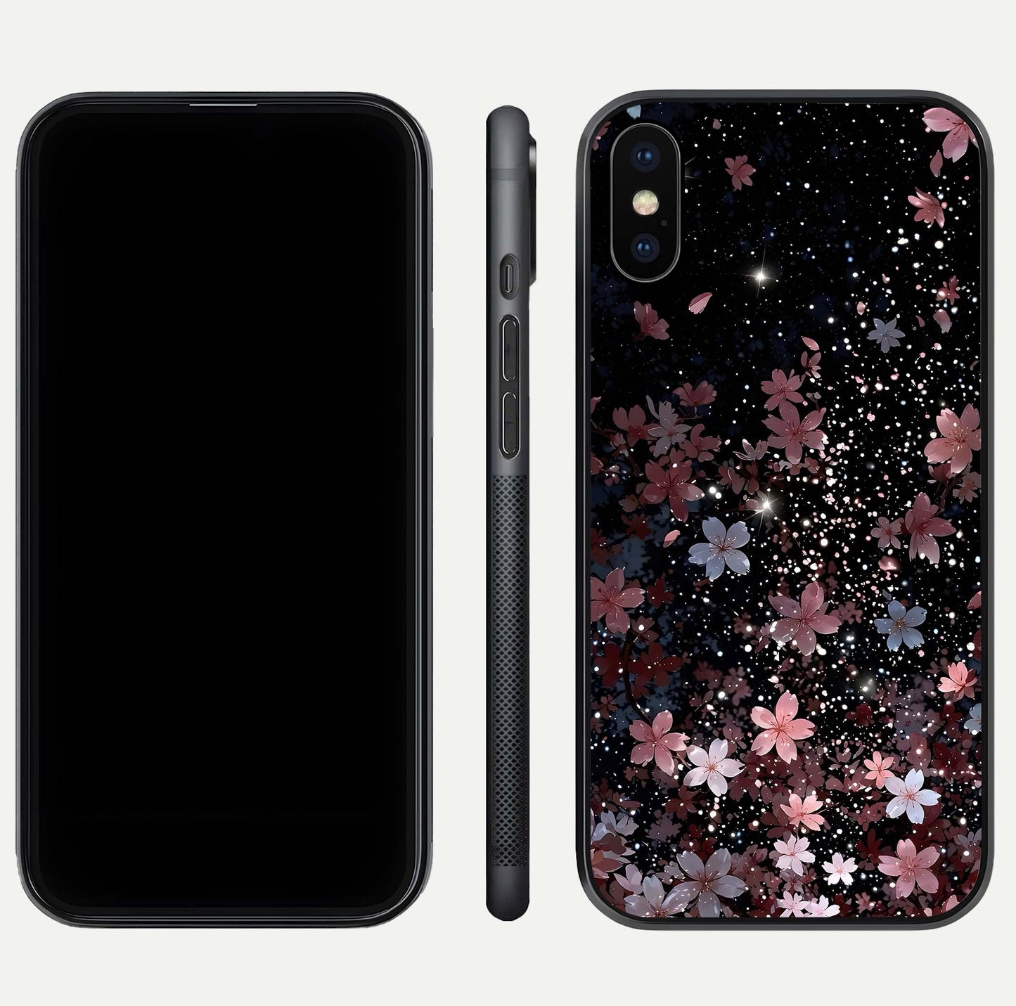 Starlit Flower Dreams Glass Case for iPhone Xs front & back layout showing soft bloom design and curved edge