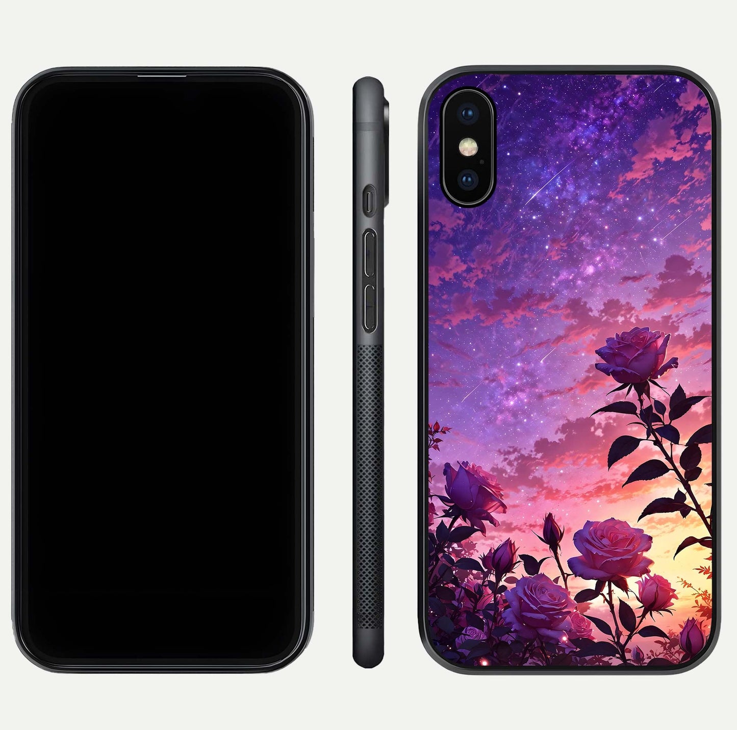 Starlit Rose Twilight Glass Case for iPhone Xs front & back layout showing floral blend and glossy edge