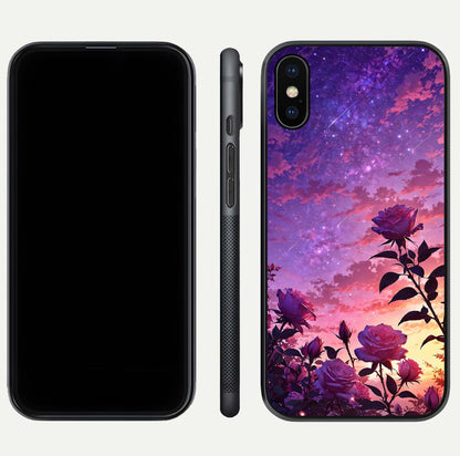 Starlit Rose Twilight Glass Case for iPhone Xs front & back layout showing floral blend and glossy edge