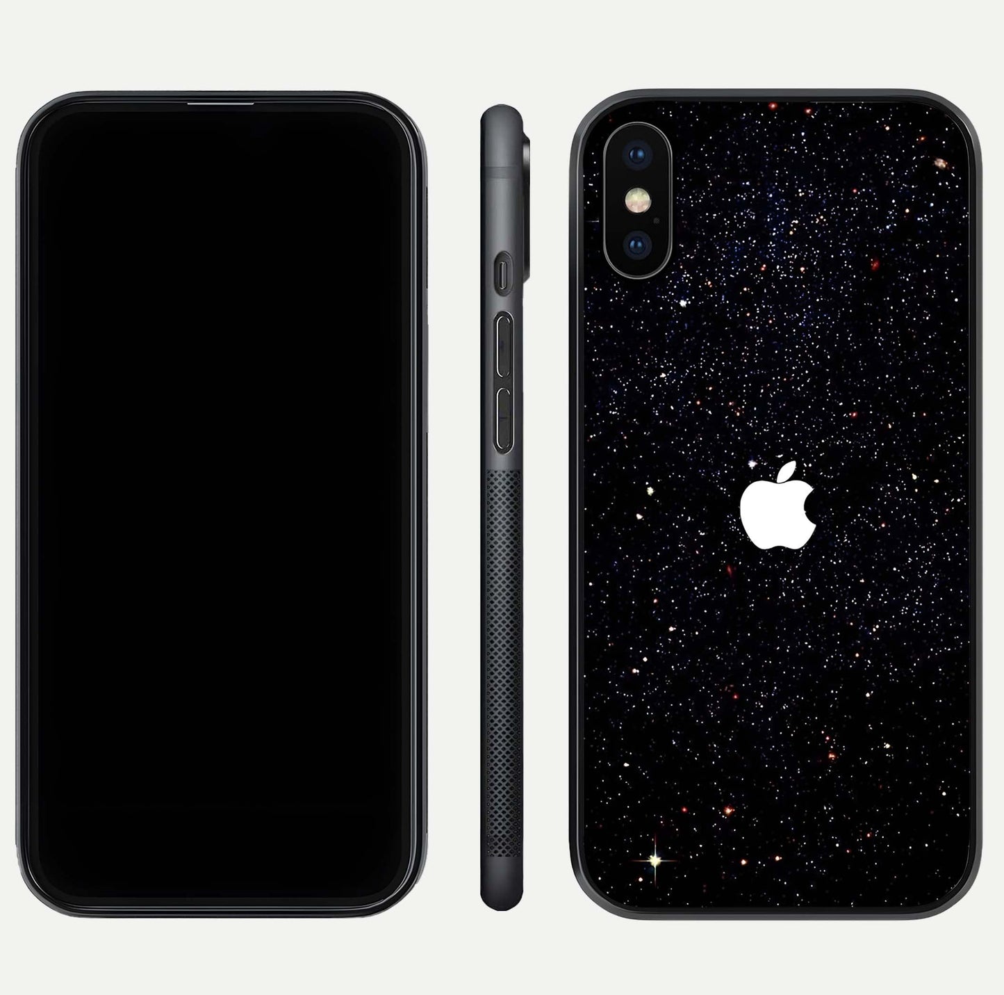 Starry Apple Galaxy Glass Case for iPhone Xs front & back layout showing cosmic tones and sleek edge