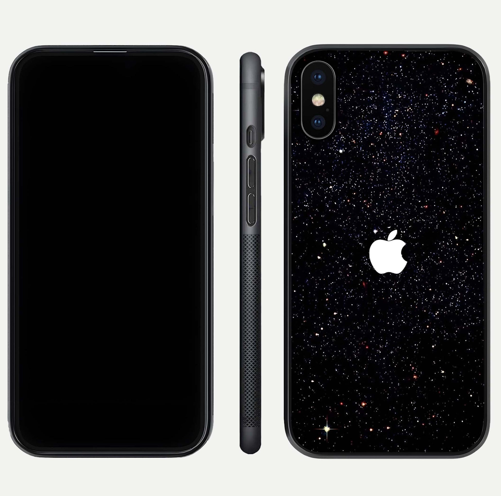 Starry Apple Galaxy Glass Case for iPhone Xs front & back layout showing cosmic tones and sleek edge