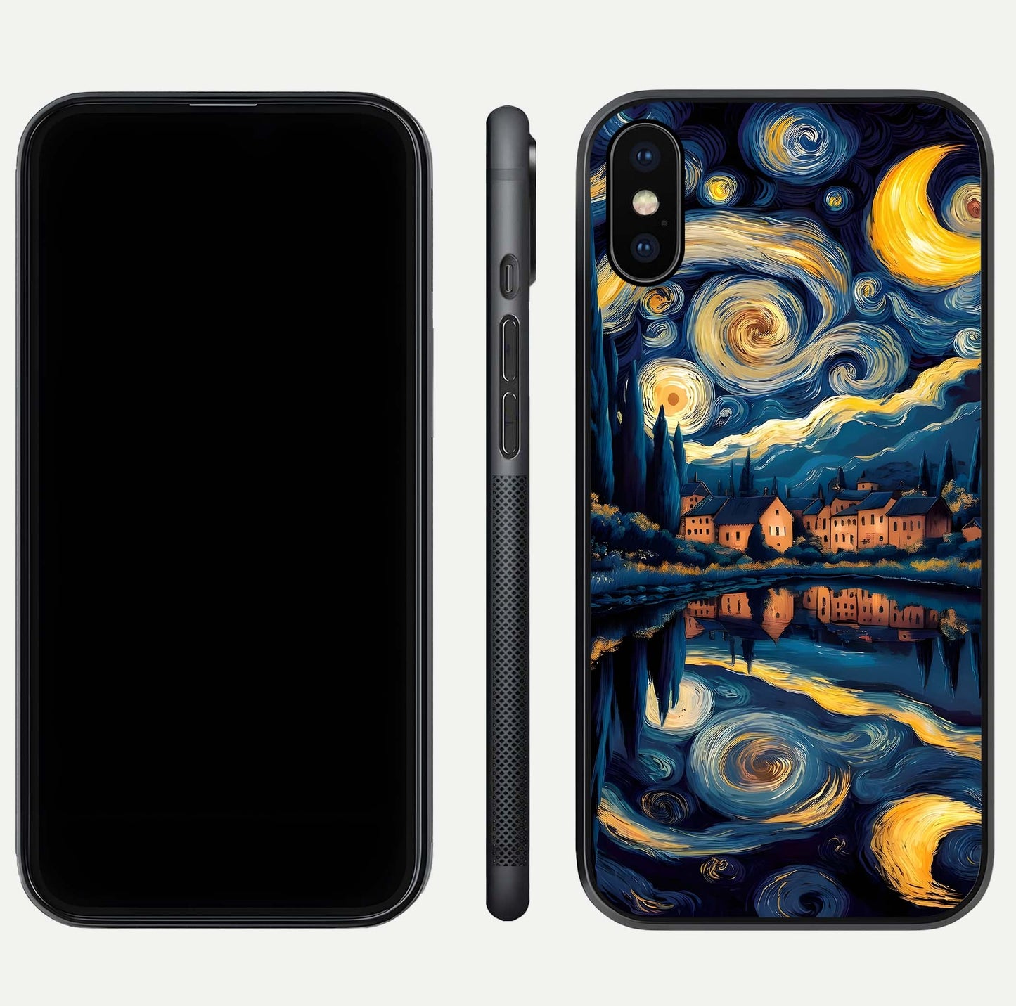 Starry Sky Serenity Glass Case for iPhone Xs front & back layout showing stars and curved glass edges