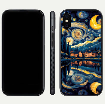 Starry Sky Serenity Glass Case for iPhone Xs front & back layout showing stars and curved glass edges