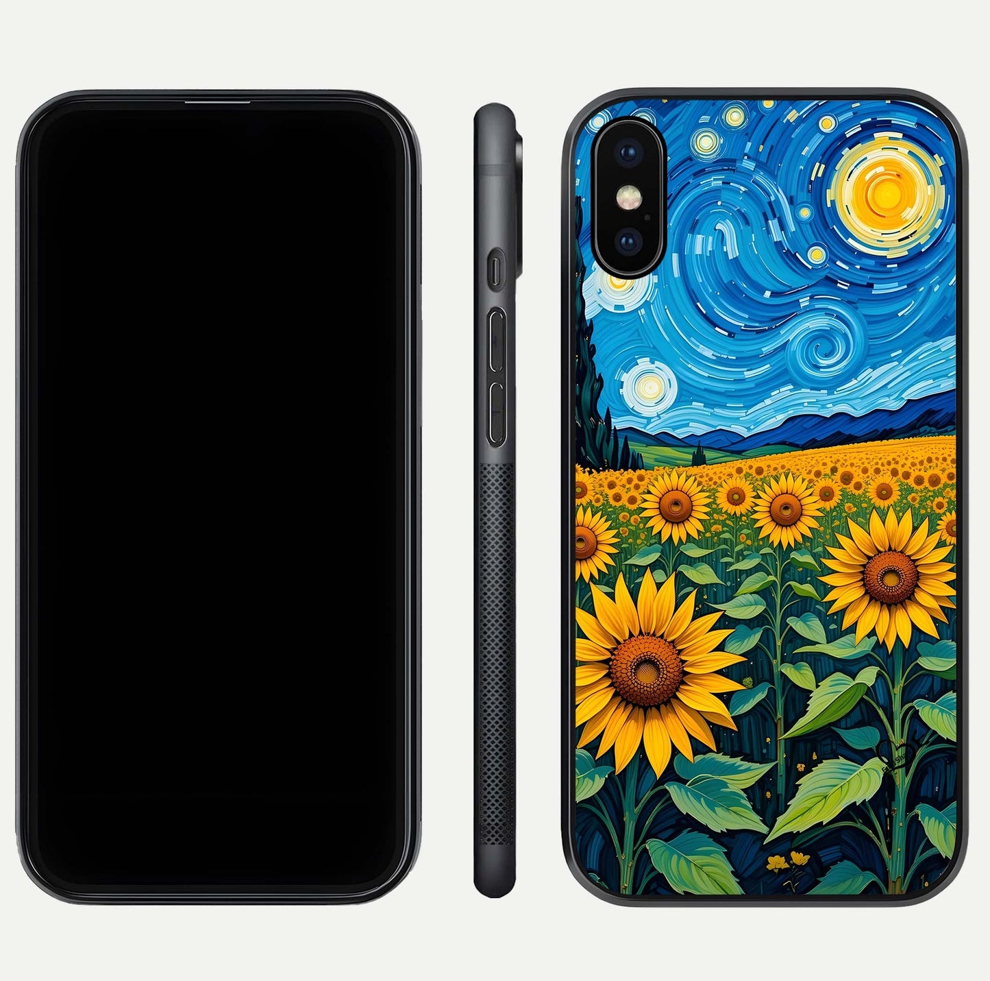 Starry Sunflower Dreams Glass Case for iPhone Xs front & back layout showing floral blend and edge detail