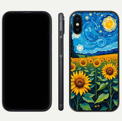 Starry Sunflower Dreams Glass Case for iPhone Xs front & back layout showing floral blend and edge detail