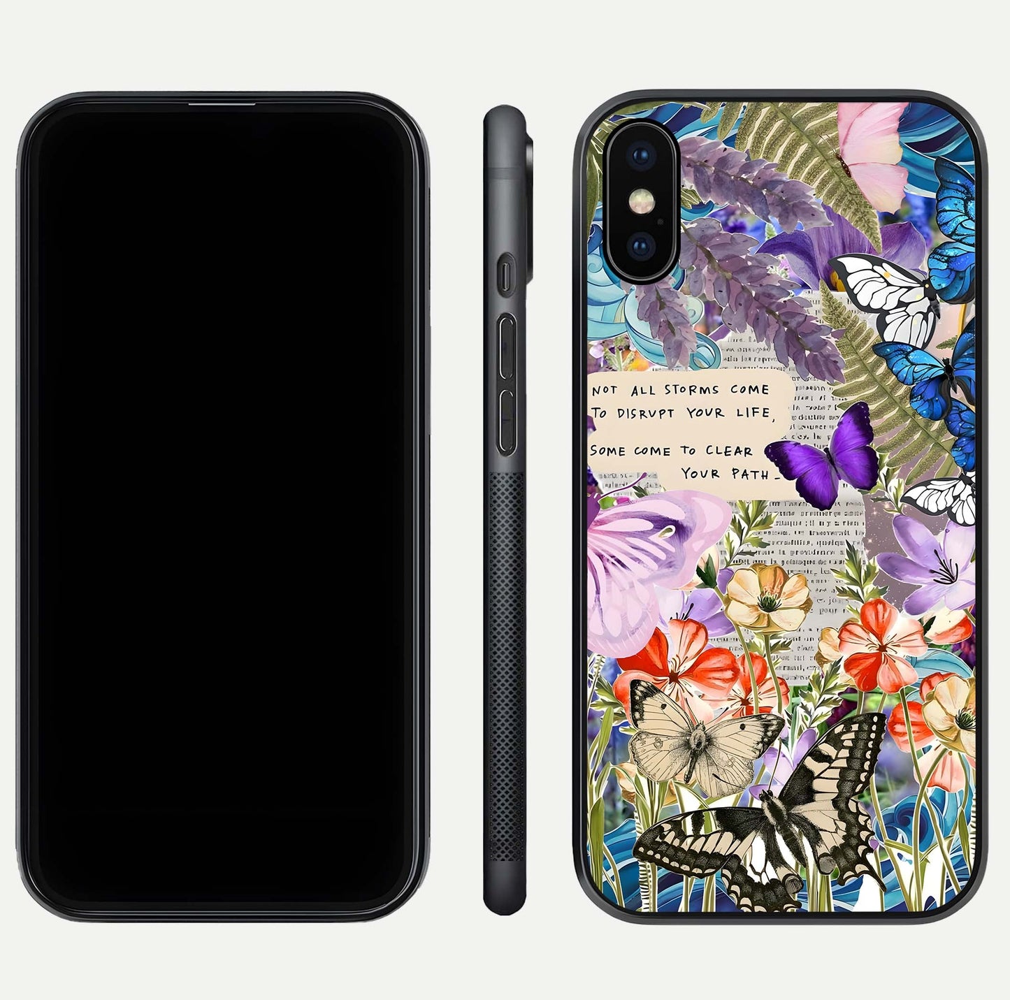 Storm Path Bloom Glass Case for iPhone Xs front & back layout showing moody floral blend and edges