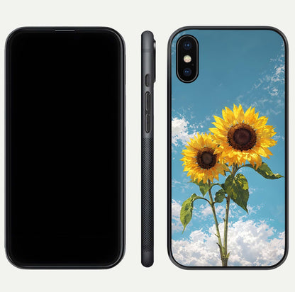Sunflower Sky Bloom Glass Case for iPhone Xs front & back layout showing soft blue tones and flower contrast