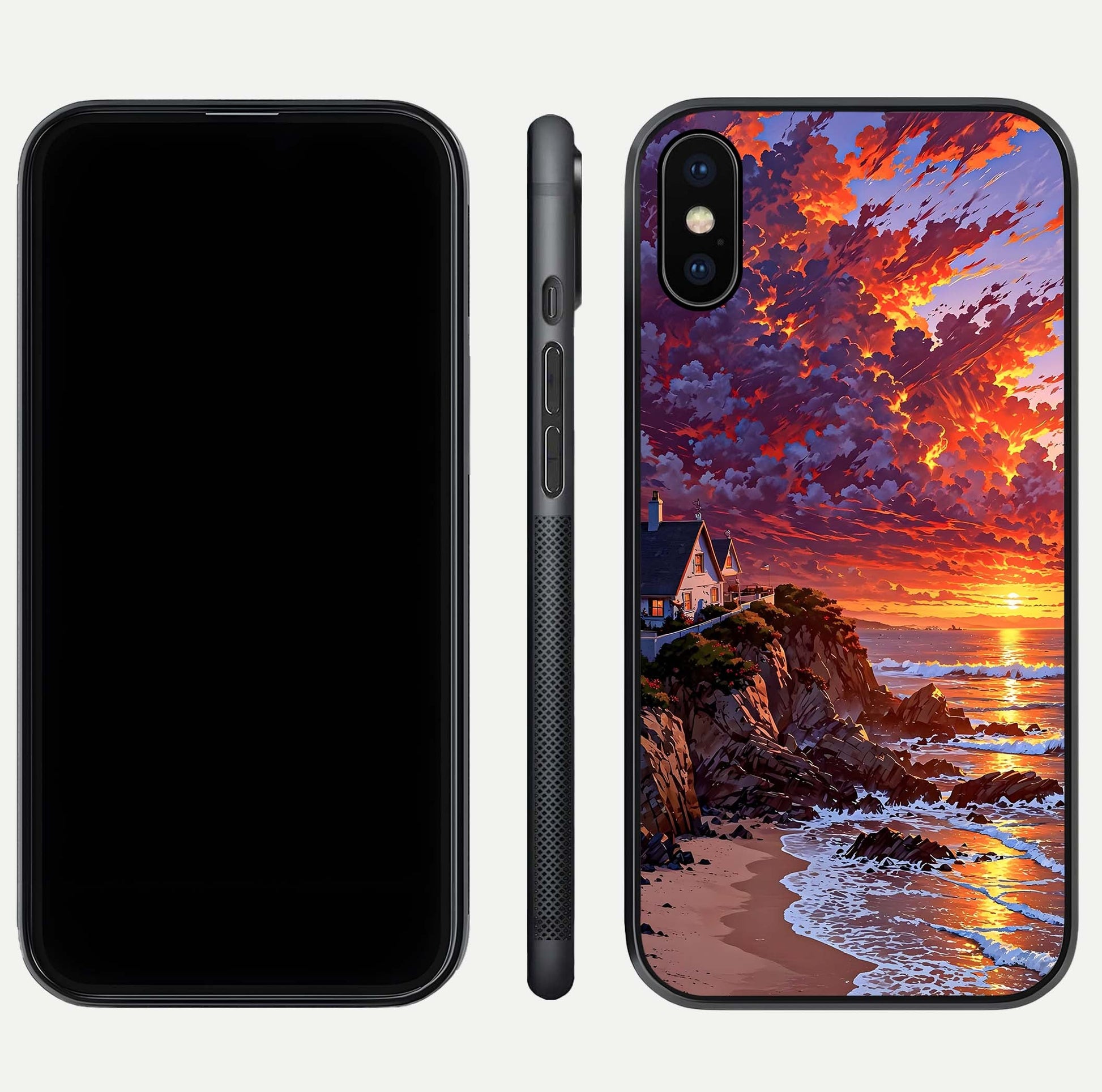 Sunset House by Sea Glass Case for iPhone Xs front & back layout showing scenic gradient and curved edge
