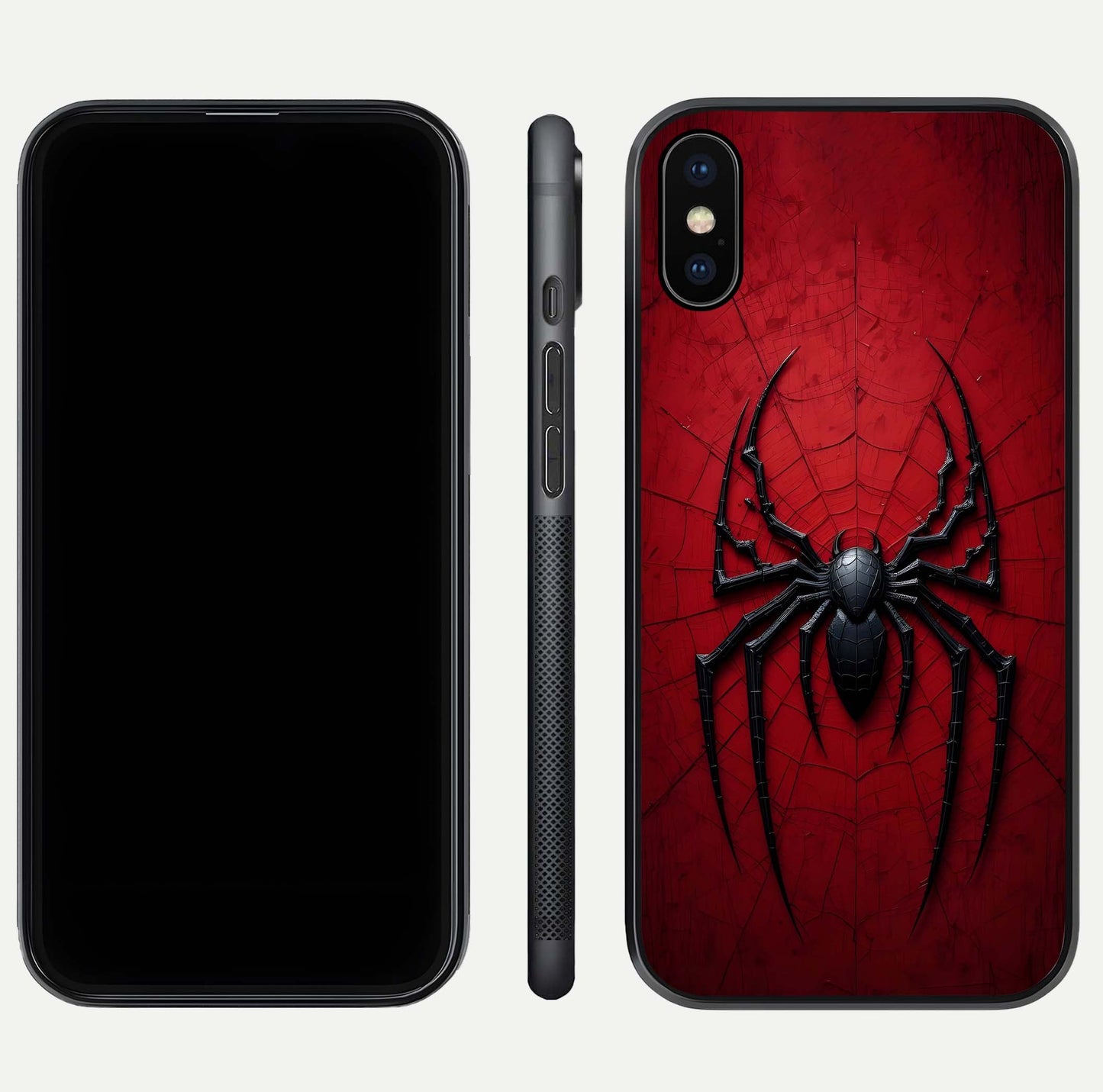 Venom Web Emblem Glass Case for iPhone Xs front & back layout showing contrast art and curved glass edges