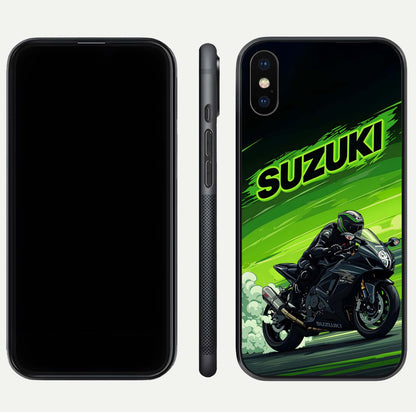 Suzuki Speed Beast Glass Case for iPhone Xs front & back layout showing motion blur and sleek edges