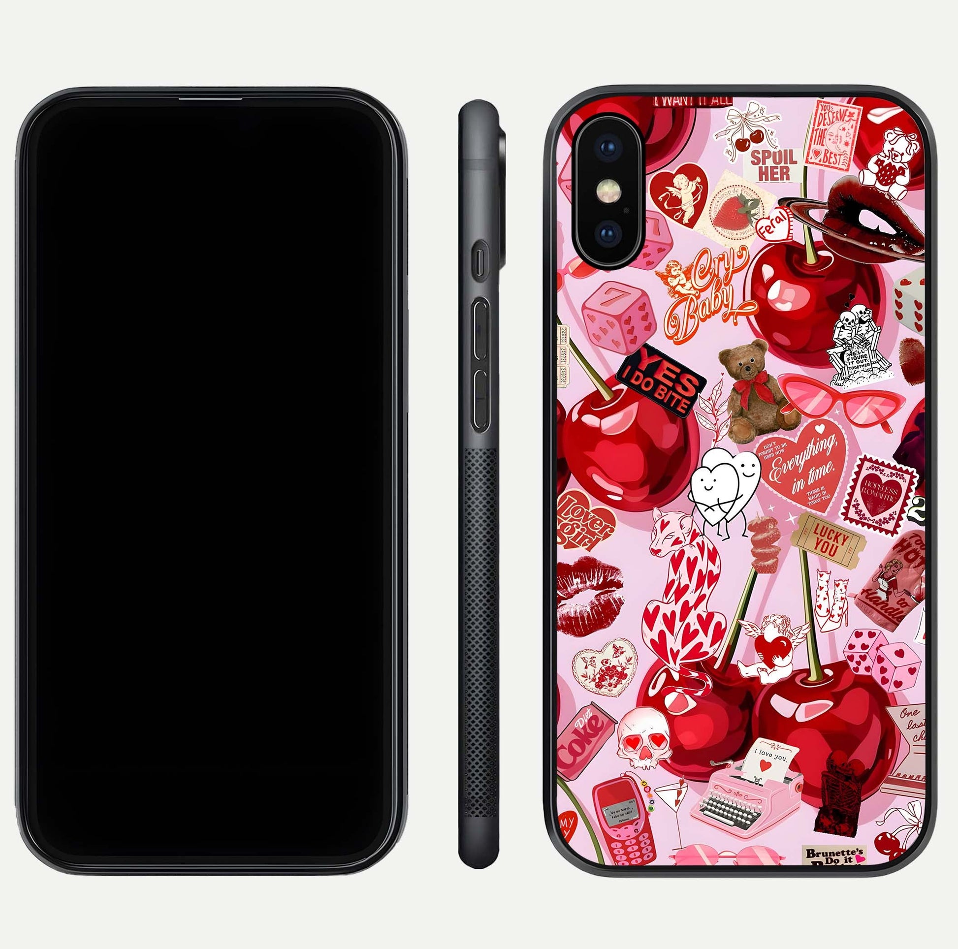 Sweet Cherry Chaos Glass Case for iPhone Xs front & back layout showing vibrant cherries and smooth edges