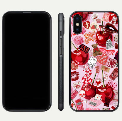Sweet Cherry Chaos Glass Case for iPhone Xs front & back layout showing vibrant cherries and smooth edges