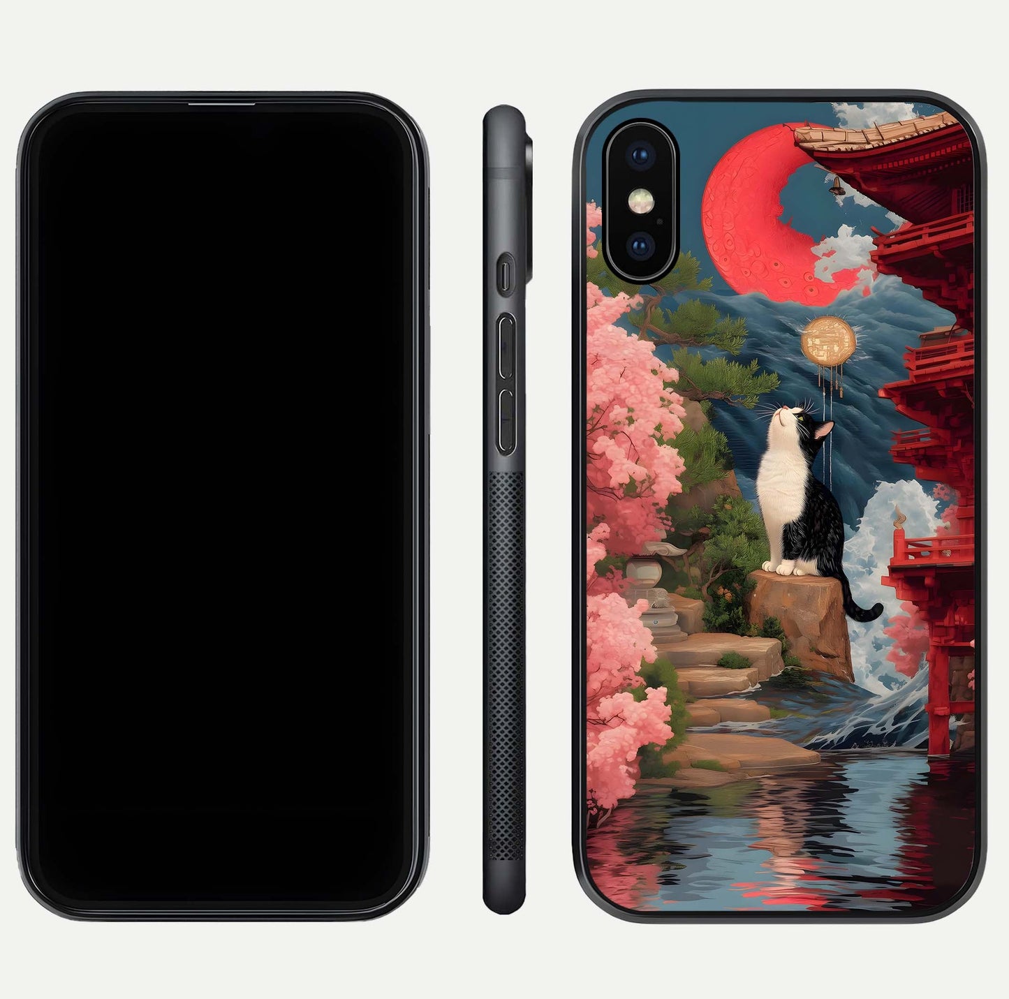 Temple Cat Scenery Glass Case for iPhone Xs front & back layout showing scenic print and edge design