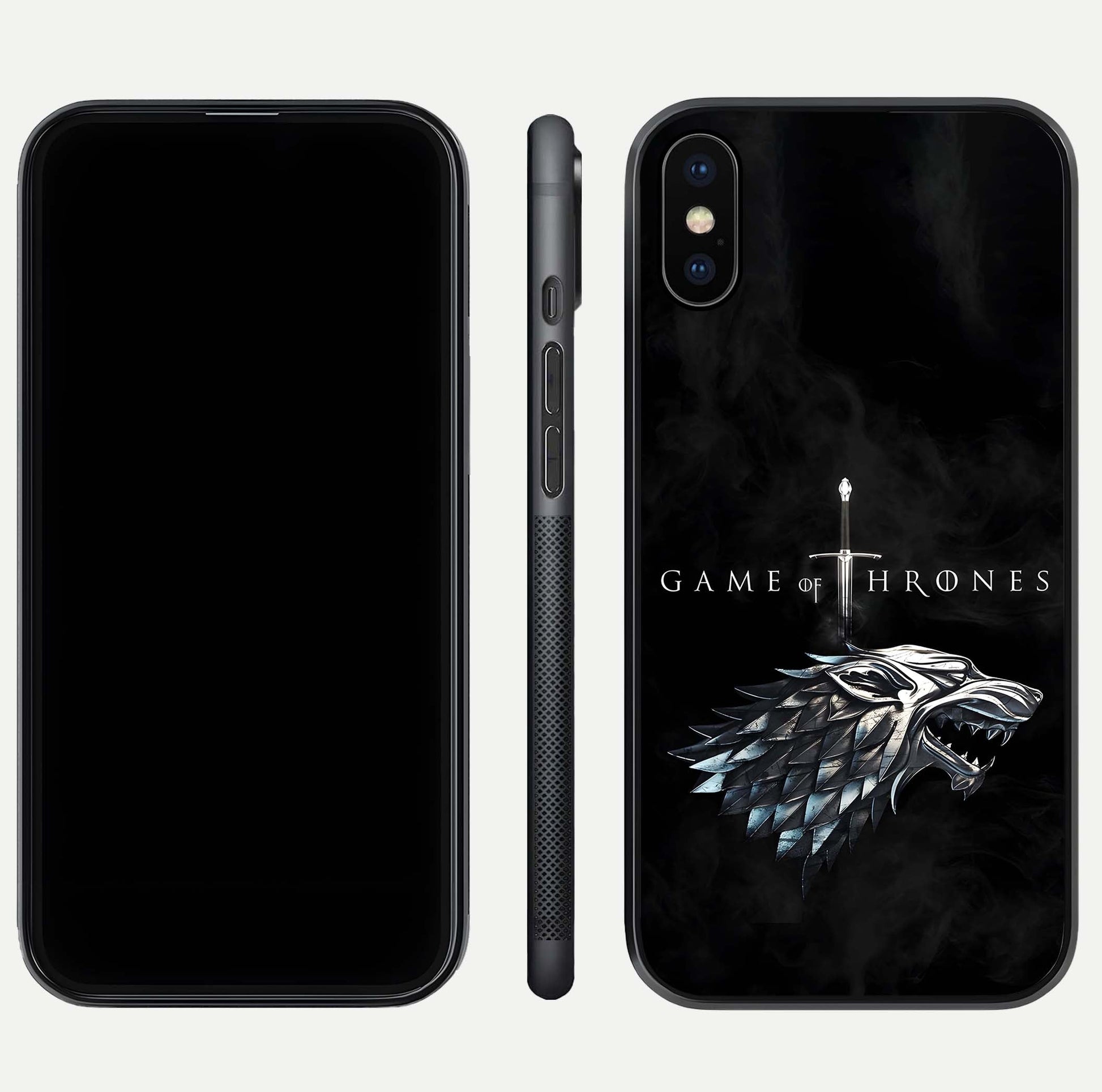 Throne Wolf Legacy Glass Case for iPhone Xs front & back layout showing bold pattern and sharp edge