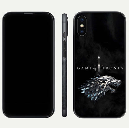 Throne Wolf Legacy Glass Case for iPhone Xs front & back layout showing bold pattern and sharp edge