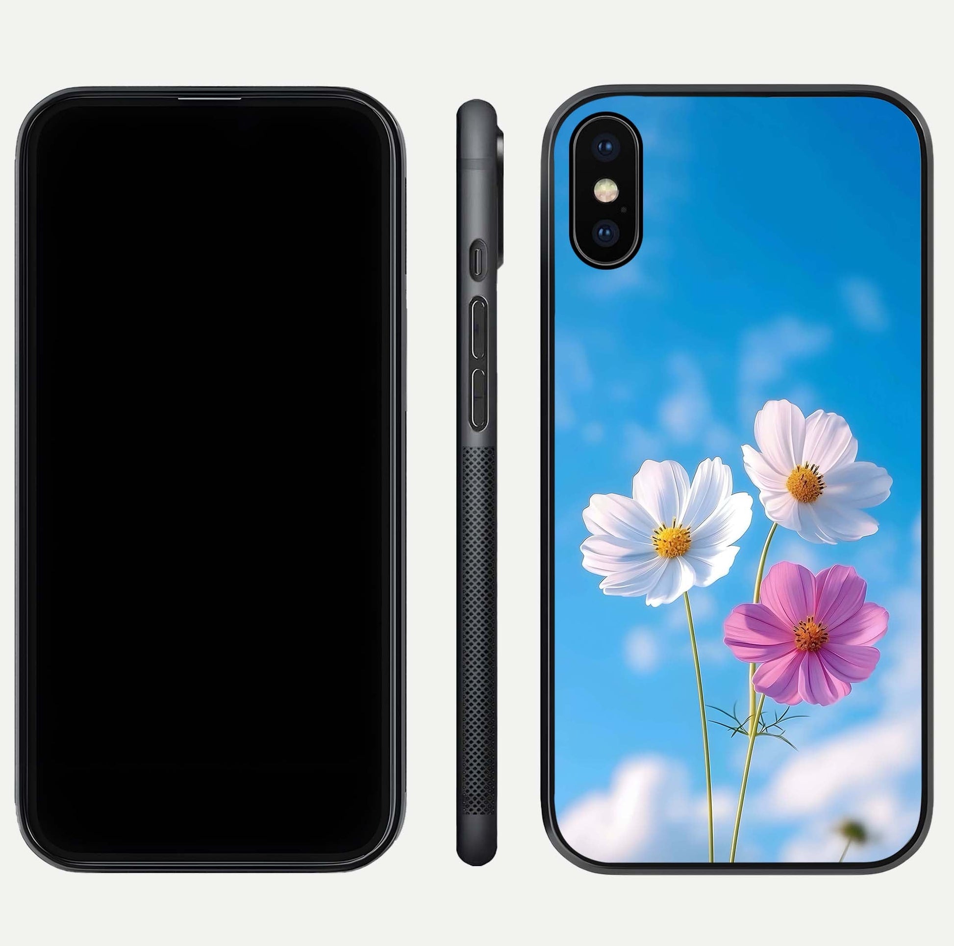 Triple Flowers With Sky Glass Case for iPhone Xs front & back layout showing vivid tones and glossy surface
