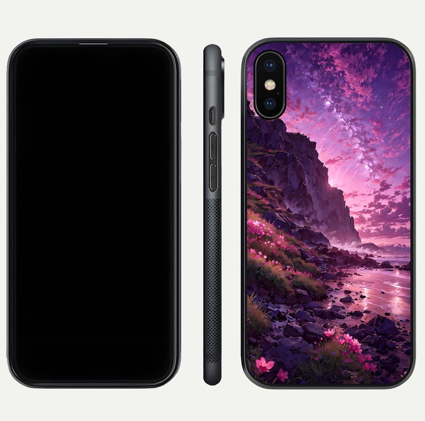 Twilight Blossom Coast Glass Case for iPhone Xs front & back layout showing floral tones and curved edge