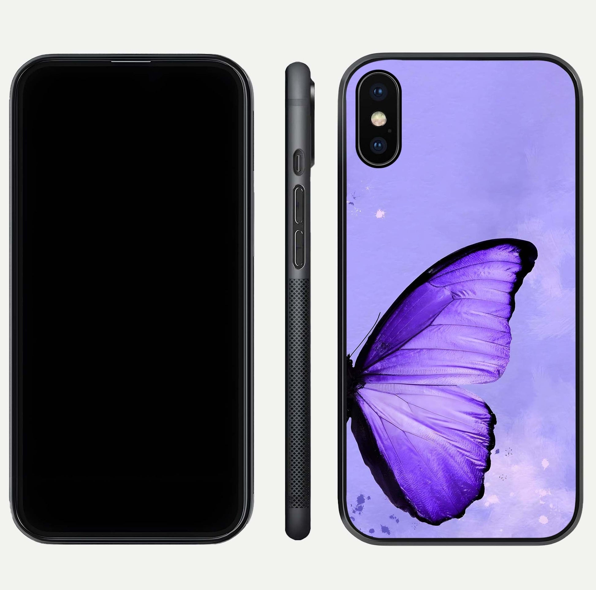 Violet Dream Wing Glass Case for iPhone Xs front & back layout showing violet tones and smooth edges