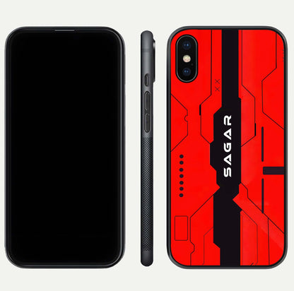 Voltage Rise CYBERPUNK Custom Name Glass Case for iPhone Xs front & back layout showing futuristic tones and sleek edge