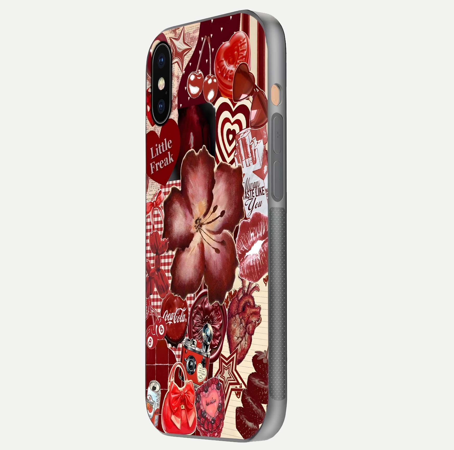 Aesthetic Little Freak Glass Case for iPhone 16 Pro side-angle image showing colorful design, camera module, and glossy finish reflection