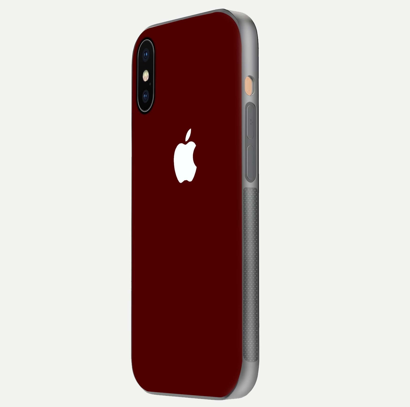 Apple Crimson Core Glass Case for iPhone Xs side-angle shot showing camera bump alignment and glossy shine