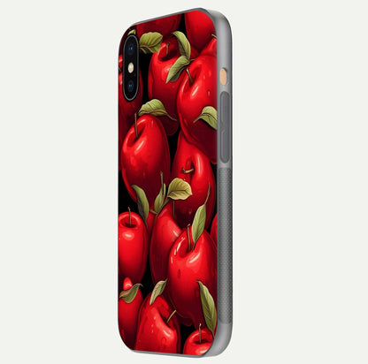 Apple Pattern Glass Case for iPhone Xs side-angle image showcasing minimalist apple print and gloss reflection