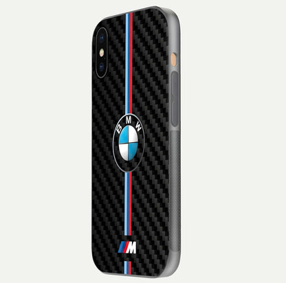 BMW Pattern Glass Case for iPhone Xs side-angle image showing edge finish and luxury car-inspired shine