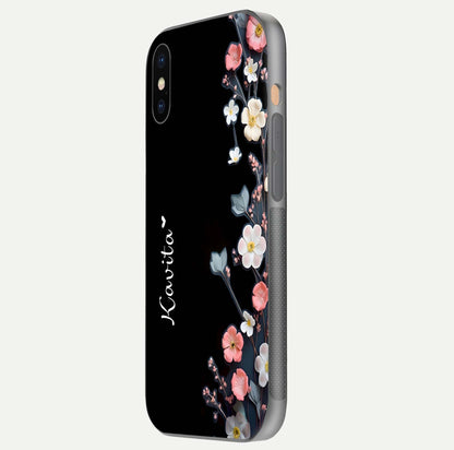 Black Elegance Floral Custom Name Glass Case for iPhone Xs side-angle showing black gloss depth and delicate print texture