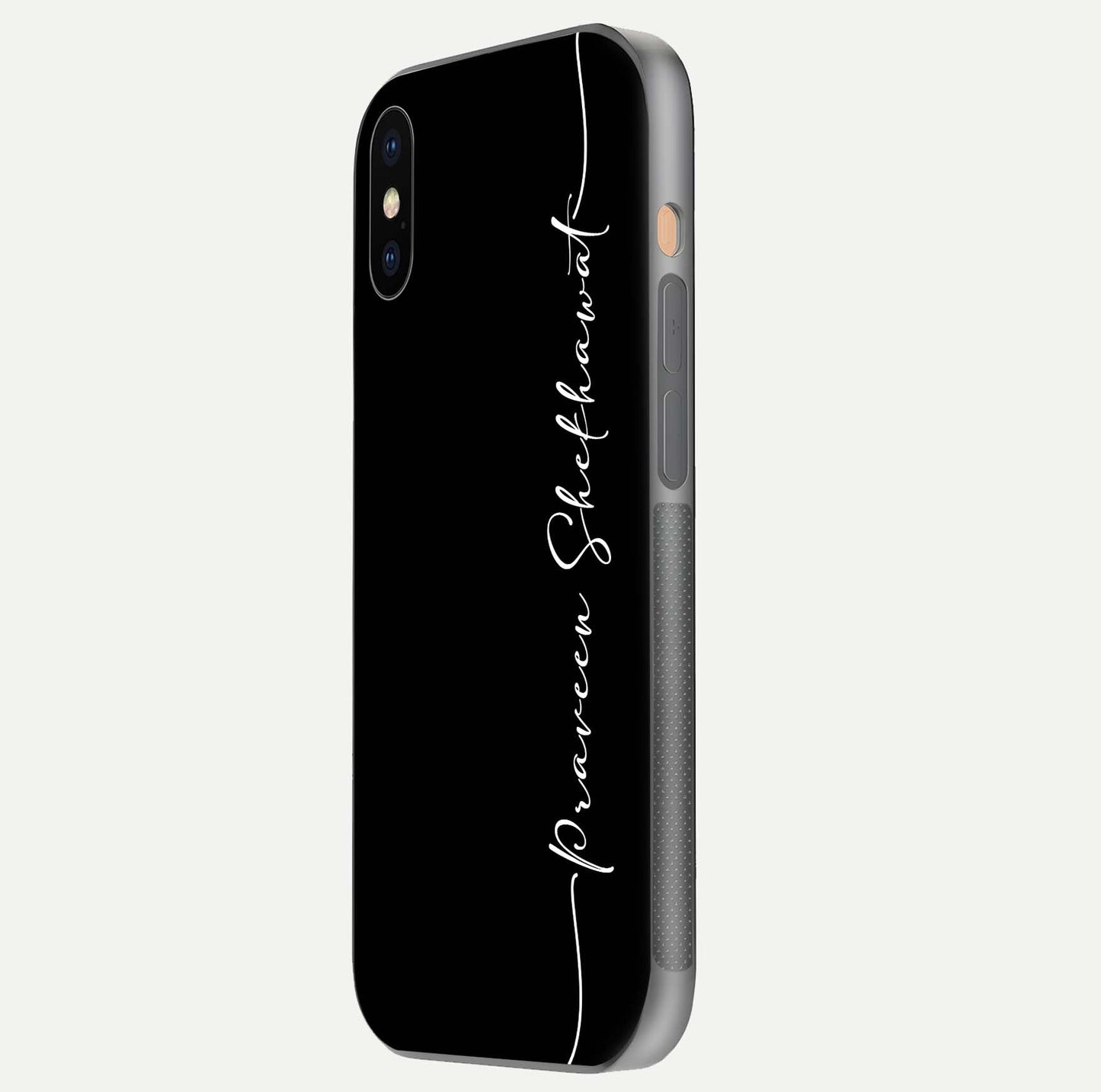 Black Tune Custom Name Glass Case for iPhone 16 Pro side-angle photo showing mirror-like surface and slim profile
