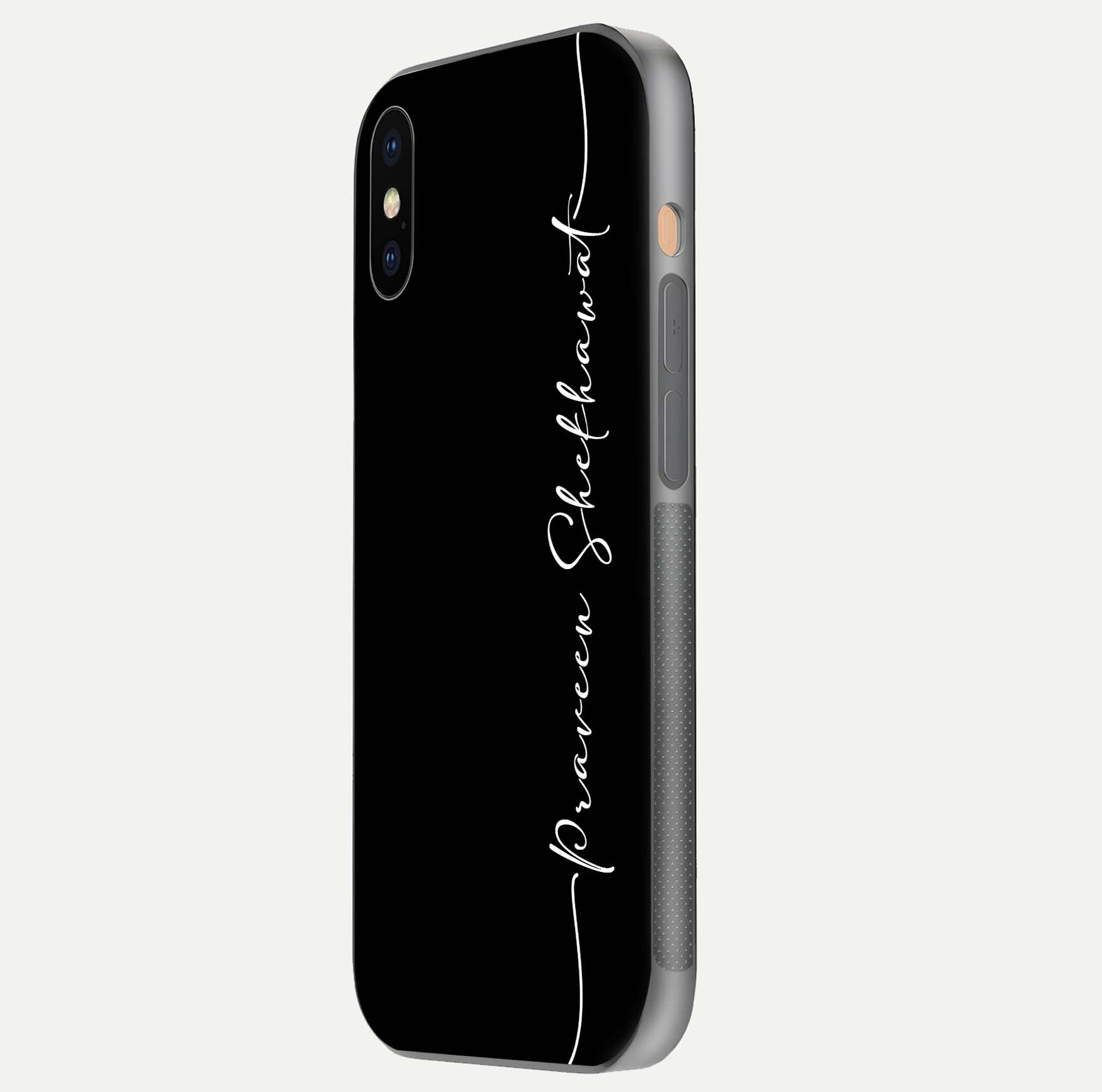 Black Tune Custom Name Glass Case for iPhone 16 Pro side-angle photo showing mirror-like surface and slim profile