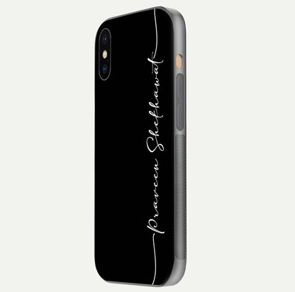 Black Tune Custom Name Glass Case for iPhone 16 Pro side-angle photo showing mirror-like surface and slim profile