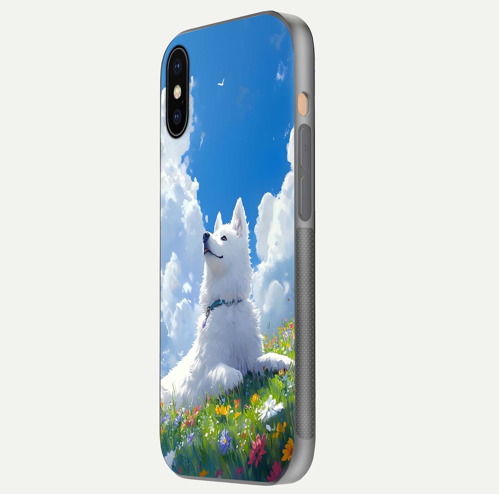 Blissful Cloud Pup Glass Case for iPhone Xs side-angle shot displaying puppy print and glossy texture