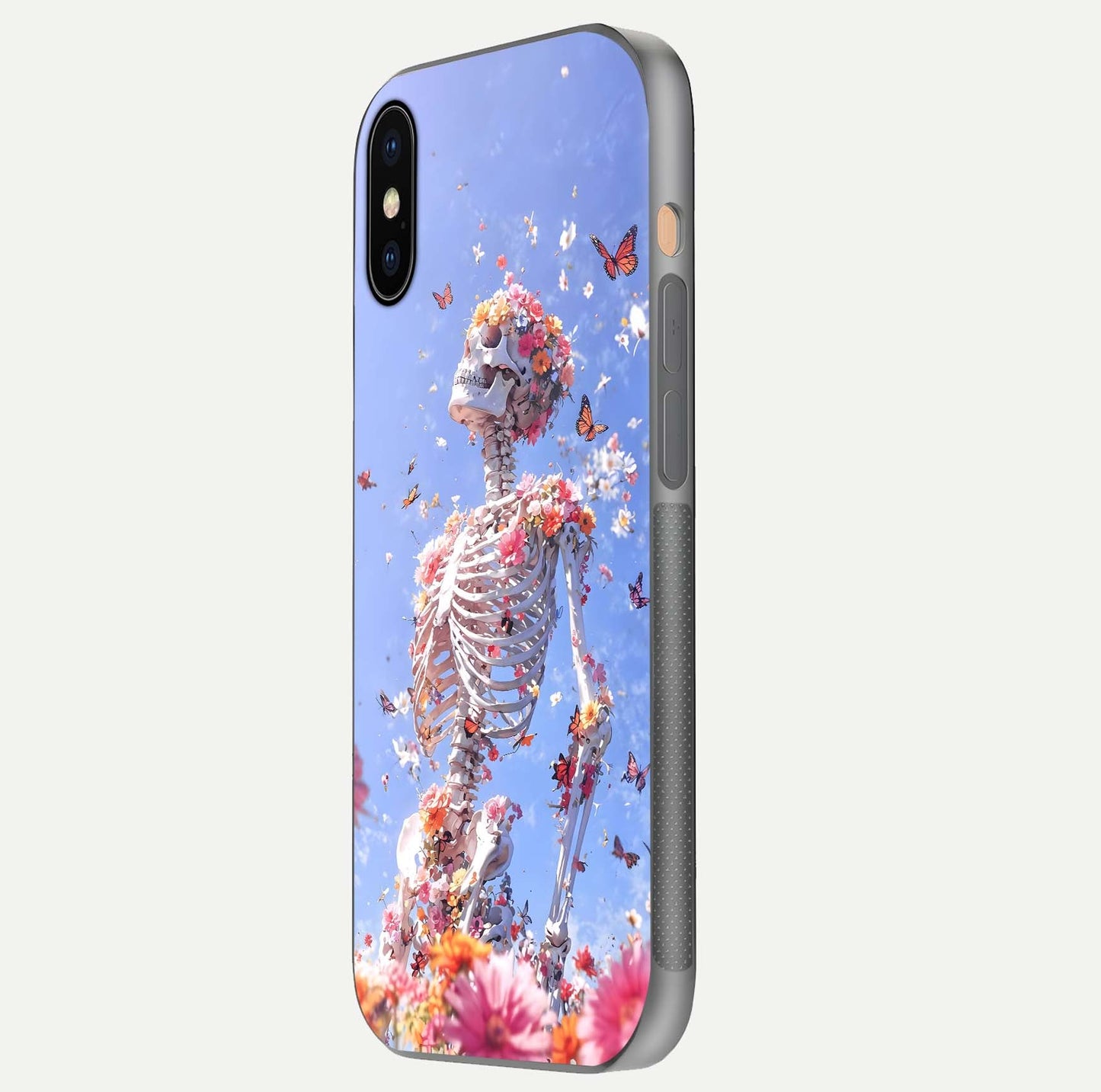 Bloom Beyond Bones Glass Case for iPhone Xs side-angle image highlighting print precision and gloss finish