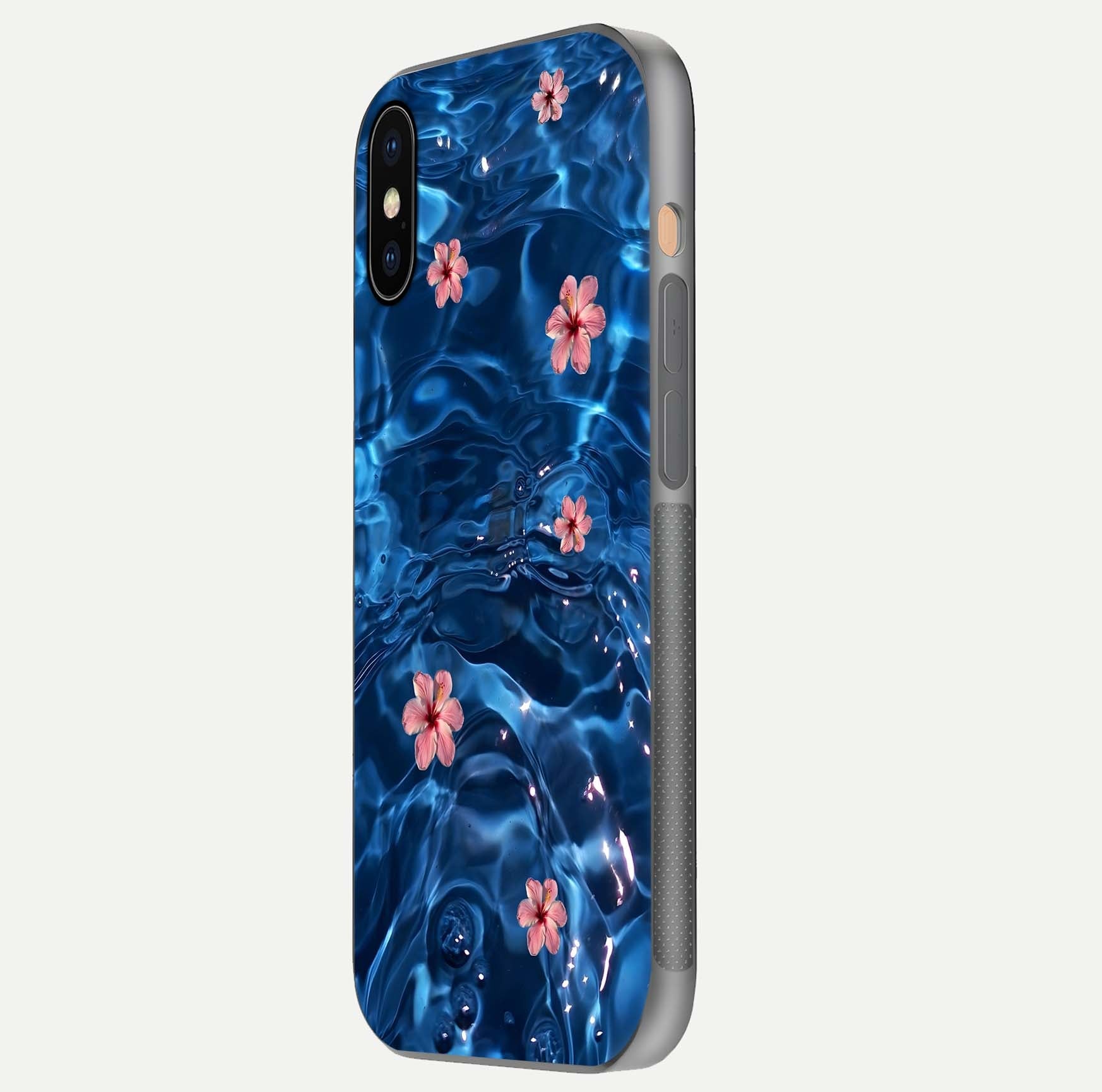 Blooming Water Drift Glass Case for iPhone Xs side-angle image showcasing blossom flow, curved corners, and HD glass gloss