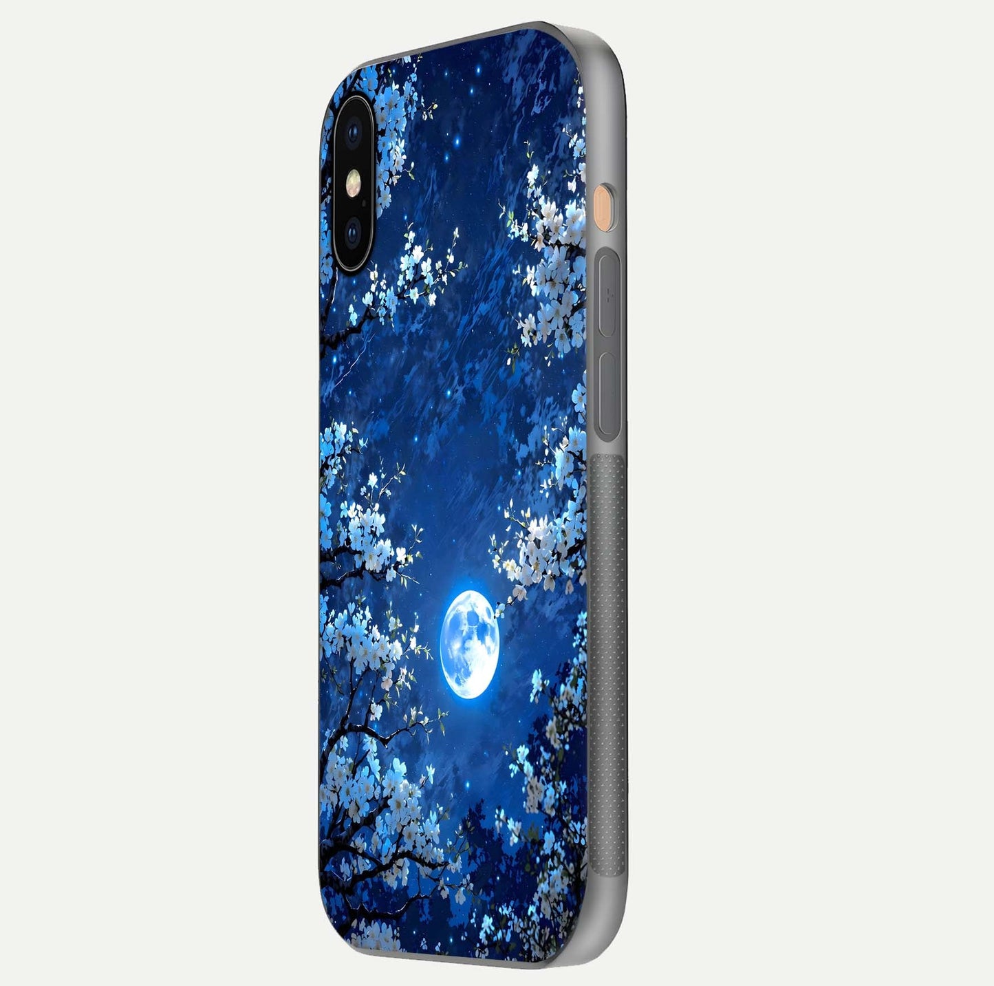 Blossom Moonlight Sky Glass Case for iPhone Xs side-angle view emphasizing moonlight tones and protective edge