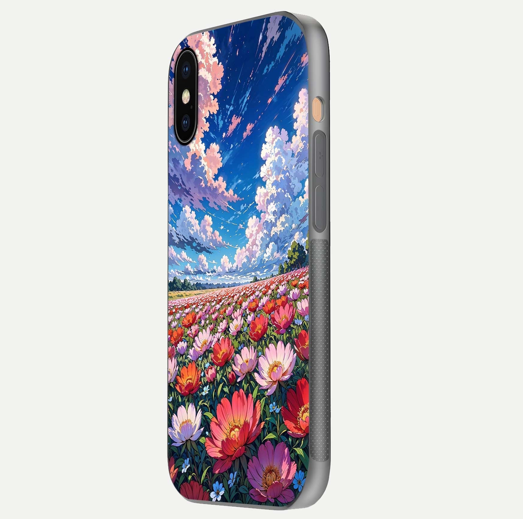Blossom Sky Field Glass Case for iPhone Xs side-angle showing sky hues, blossom texture, and reflective shine