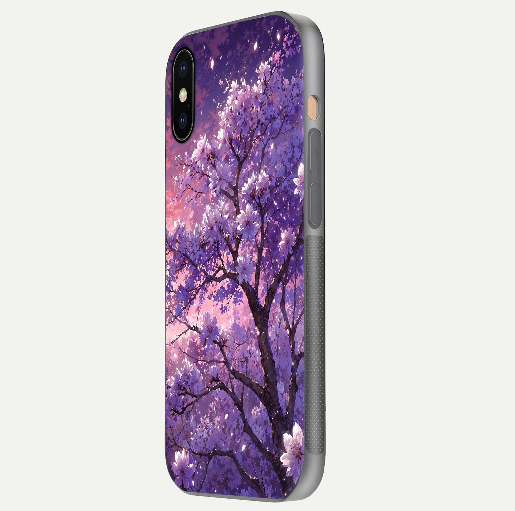 Blossom Tree Glass Case for iPhone Xs side-angle image showing floral tree artwork and reflection gloss