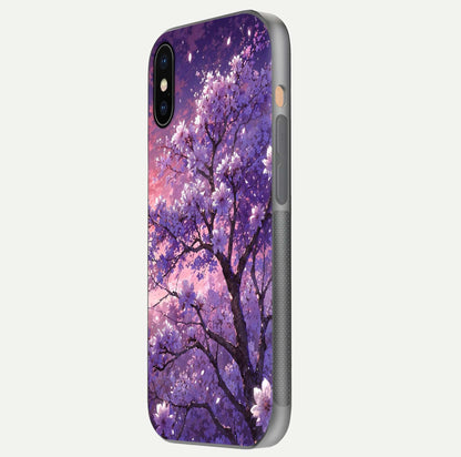 Blossom Tree Glass Case for iPhone Xs side-angle image showing floral tree artwork and reflection gloss