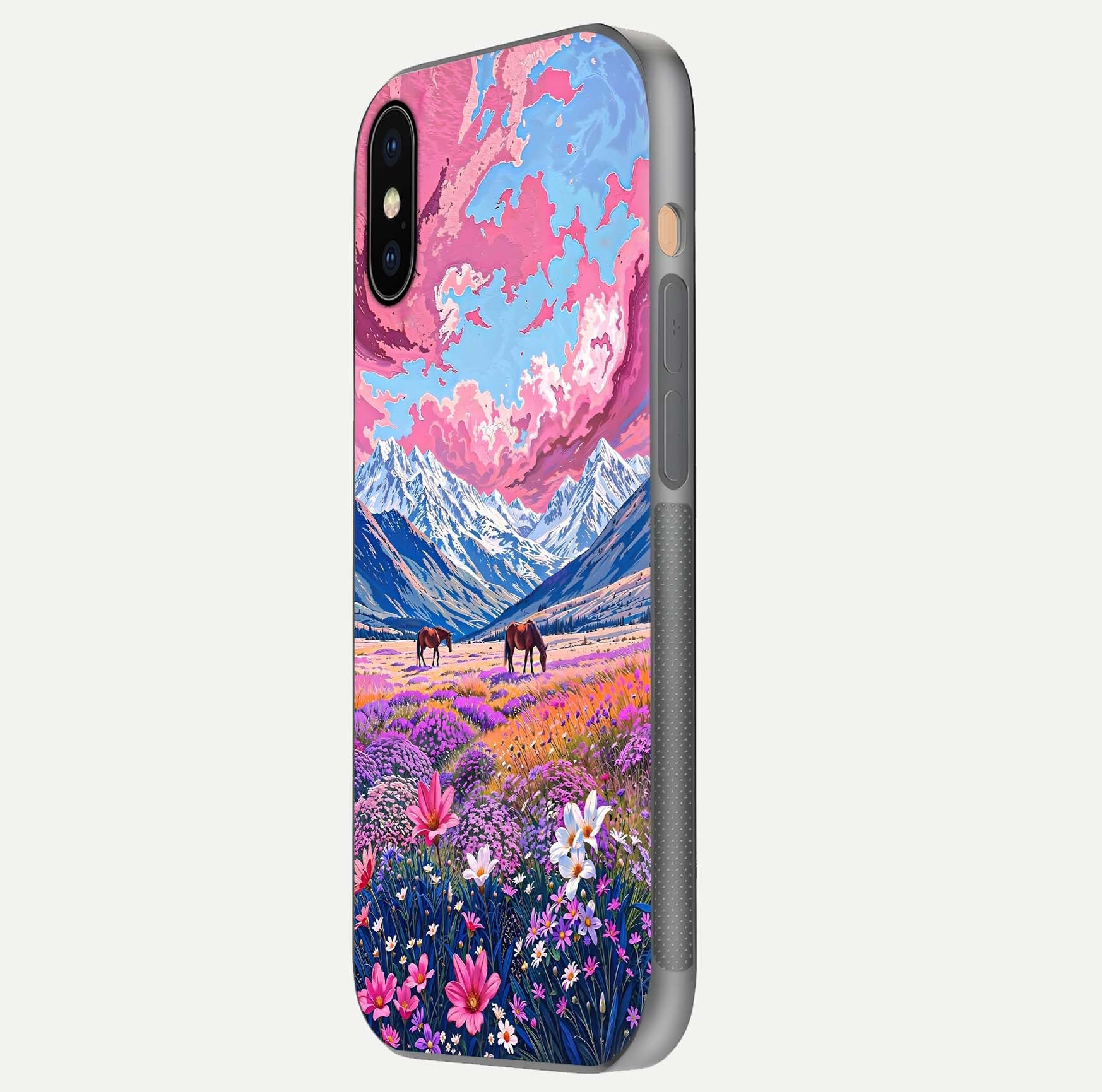 Blossom Valley Dream Glass Case for iPhone Xs side-angle shot showcasing bloom tones and gloss texture