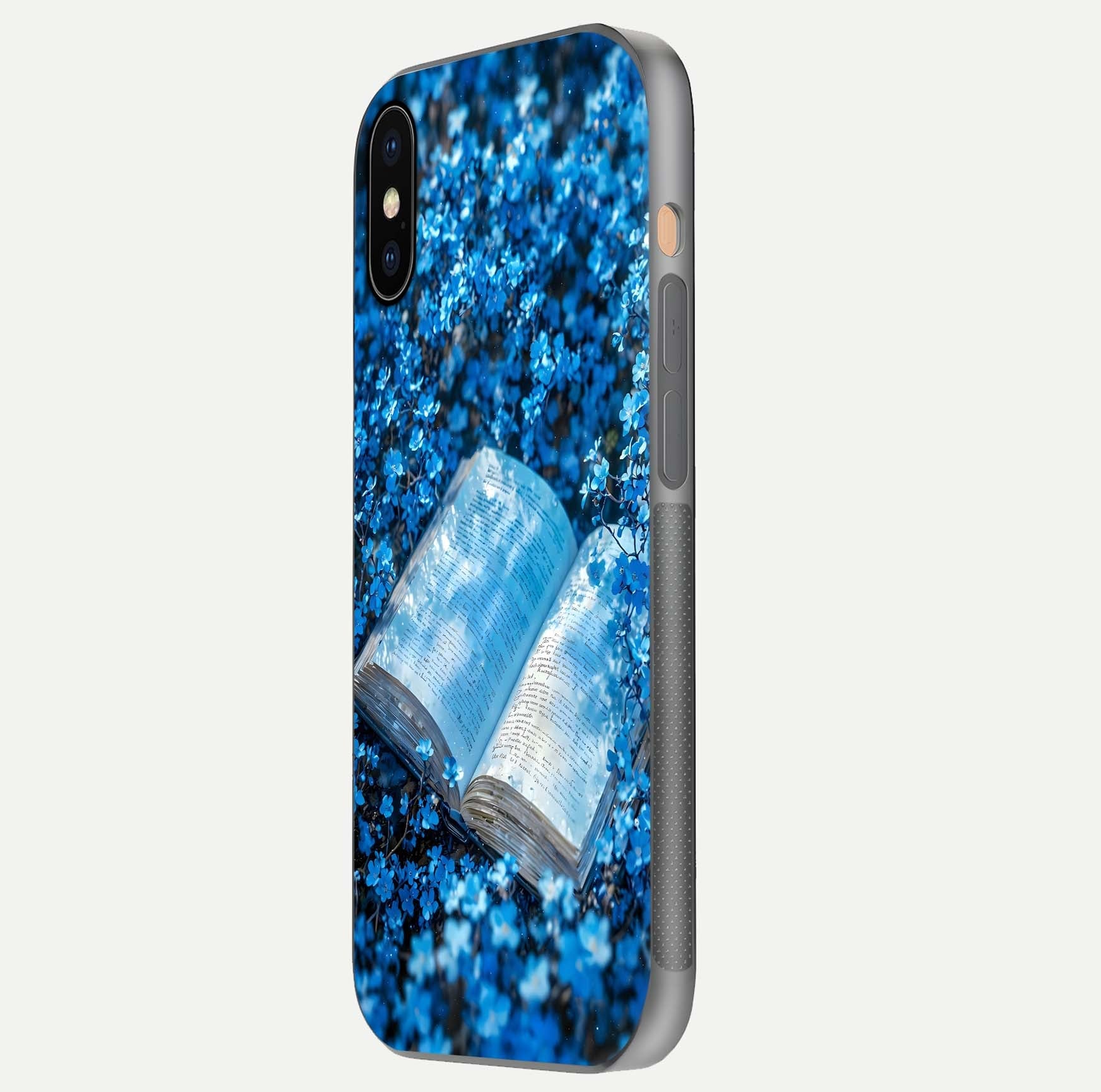 Blue Bloom Tales Glass Case for iPhone Xs side-angle image showing blue floral pattern and glossy finish