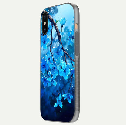 Blue Blossoms Branch Glass Case for iPhone Xs side-angle image showing blossom pattern flow and glossy texture