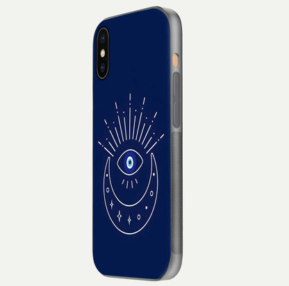 Blue Evil Eye Glass Case for iPhone Xs side-angle view showing edge glow, color balance, and reflective surface