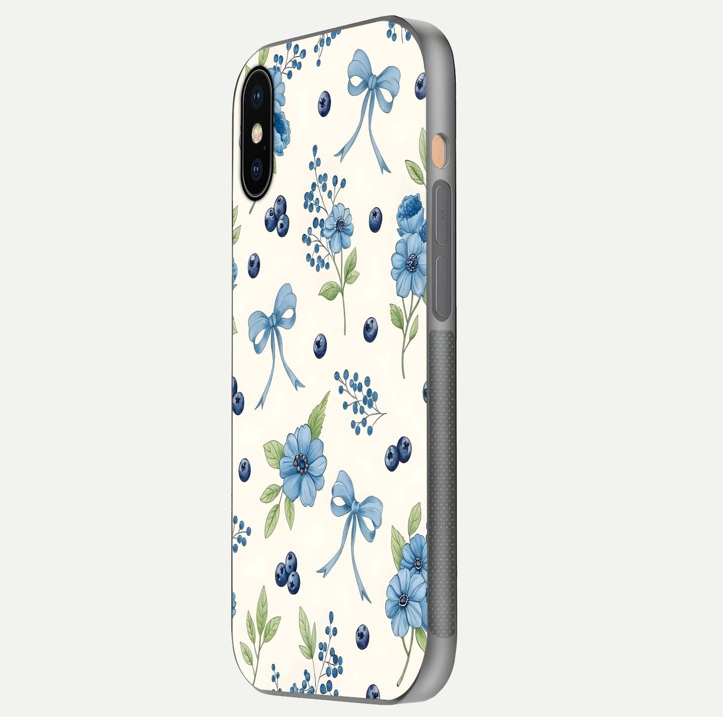 Blue Flower & Bow Glass Case for iPhone Xs side-angle image showing bow-floral mix and HD finish shine