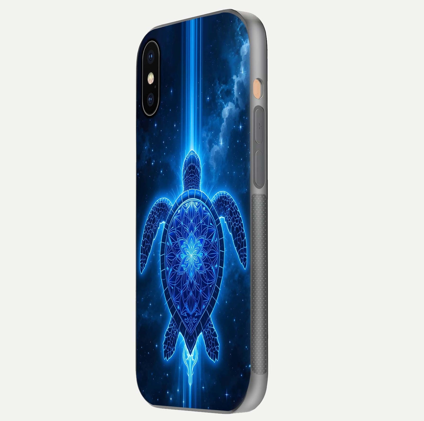Blue Galaxy Turtle Glass Case for iPhone Xs side-angle photo capturing galaxy shine and smooth edge design