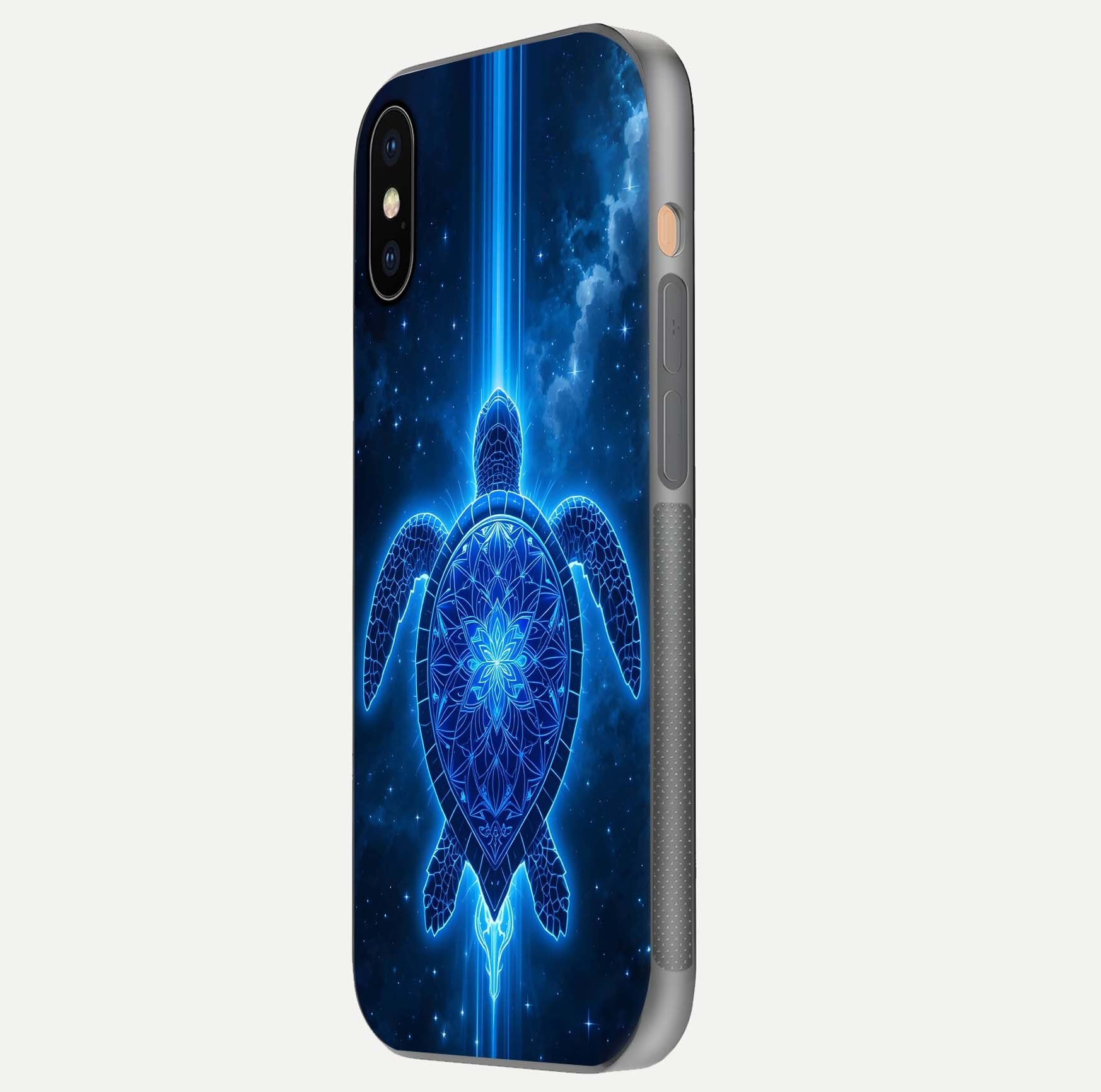 Blue Galaxy Turtle Glass Case for iPhone Xs side-angle photo capturing galaxy shine and smooth edge design